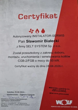 Certyfikat SELT SYSTEM  Certyfikat kotłów CGB/FGB